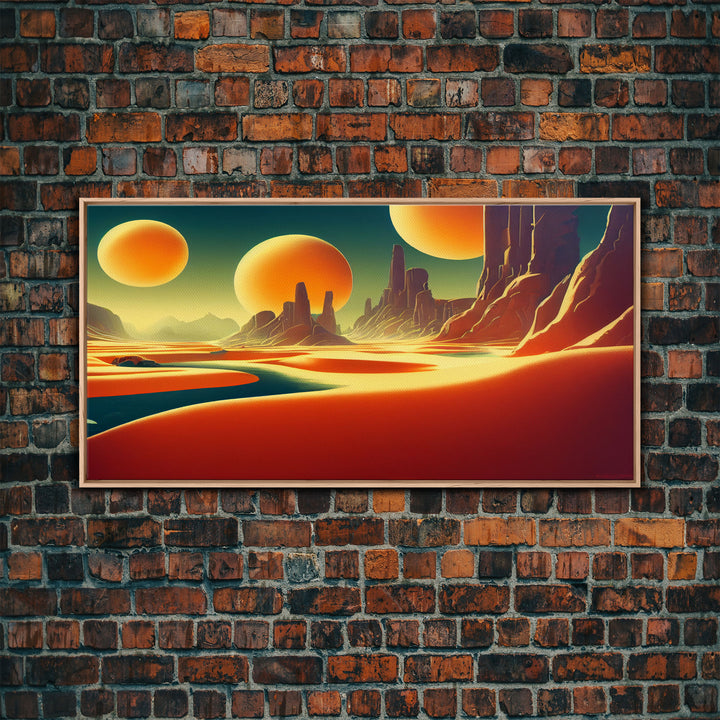 Trippy Art Deco Scifi Painting of an Alien World,  Wall Decor, Ready To Hang Framed Canvas Print, Oversize Wall Art