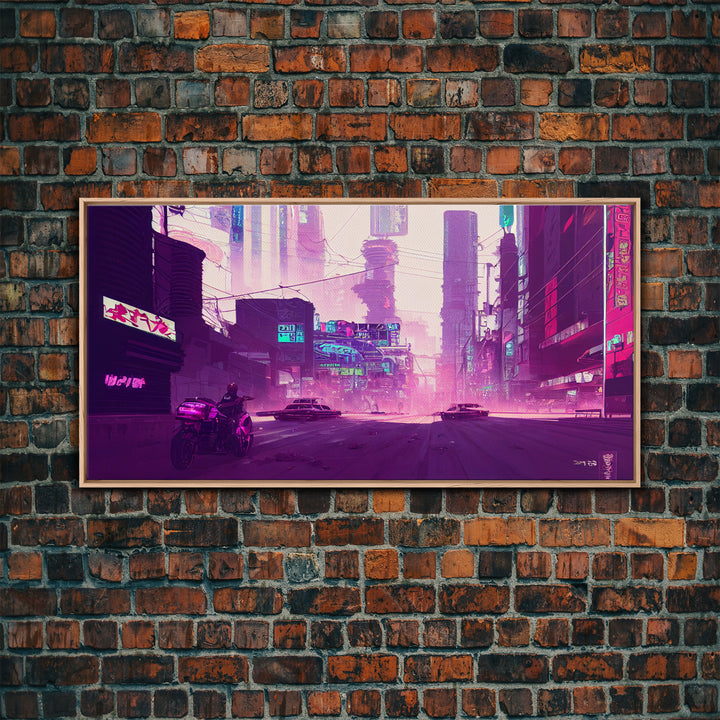 Cyberpunk Watercolor Tokyo Painting, Outrun Vibes Art, Wall Decor, Ready To Hang Framed Canvas Print, Oversize Wall Art