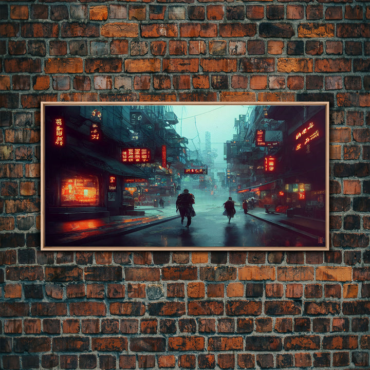 Cyberpunk City, Bladerunner Vibes Dystopian Cityscape, Wall Decor, Ready To Hang Framed Canvas Print, Oversize Wall Art