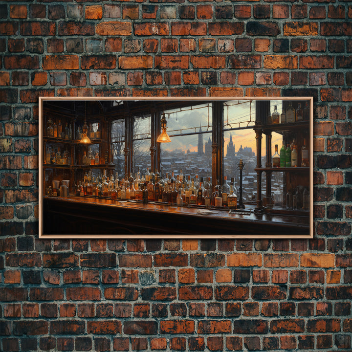 Old Timey Western Bar, Oil Painting Of A Vintage Bar Overlooking The City, Kitchen Art, Kitchen Wall Art, Home Bar Decor, Bar Cart Art