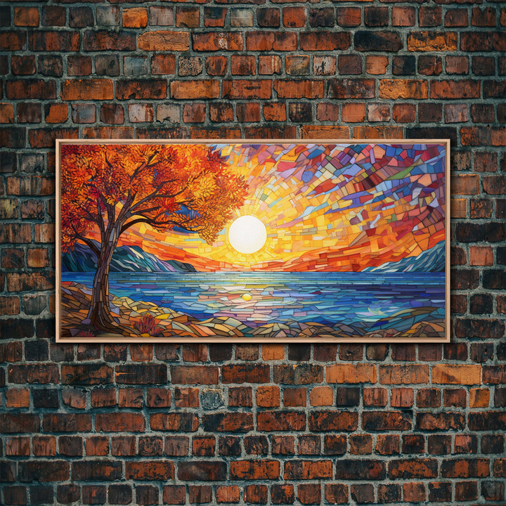 Mosaic Wall Art, Abstract Wall Print, Sunset, Lake Art, Canvas Print, Wall Hanging, Panoramic Art, Dining Room Decor, Realtor Thank You