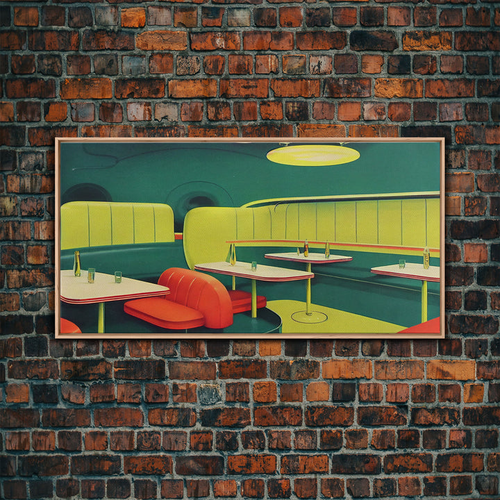 Retro Art, Lime green 1950s style art deco diner, framed canvas print, ready to hang framed wall art