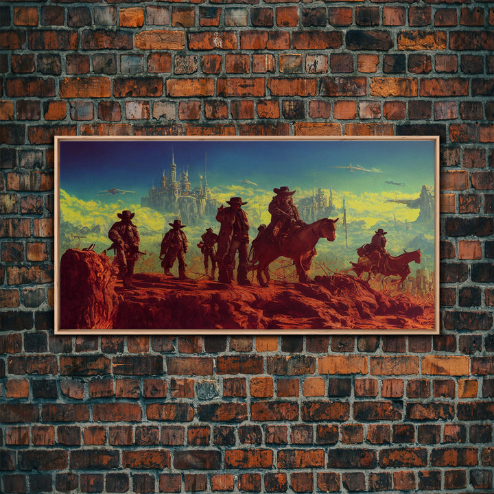 Space Cowboys, Wildwest Scifi Mashup Fantasy Art, framed canvas print, ready to hang framed wall art