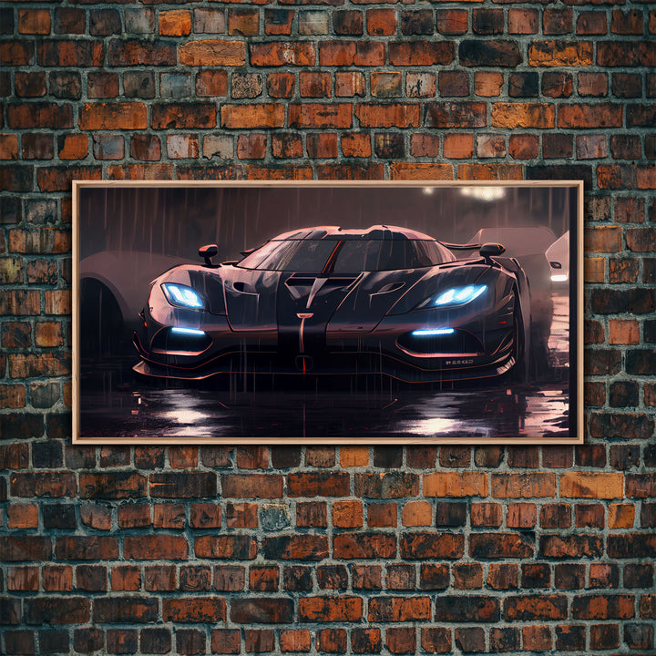 Koenigsegg Agera in the Rain, Supercar Art, Framed Canvas Print