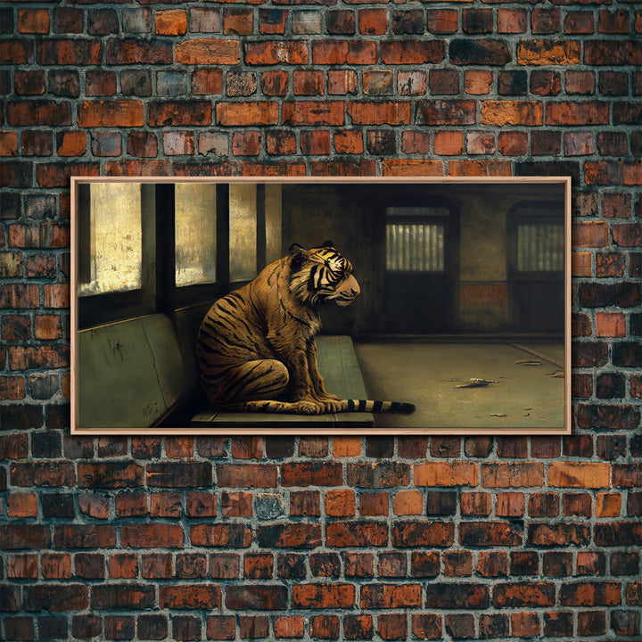 Tiger in a Subway train car, Post-apocalyptic urban decay art, framed canvas print