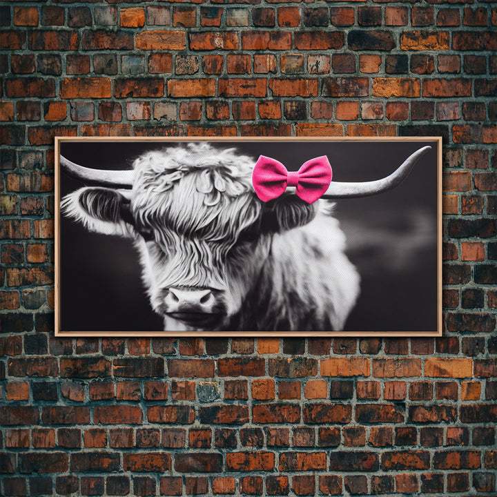 Highland cow canvas wall art, farmhouse decor, black and white cow, cute cow wearing a pink bow, framed canvas print, Scottish cow art