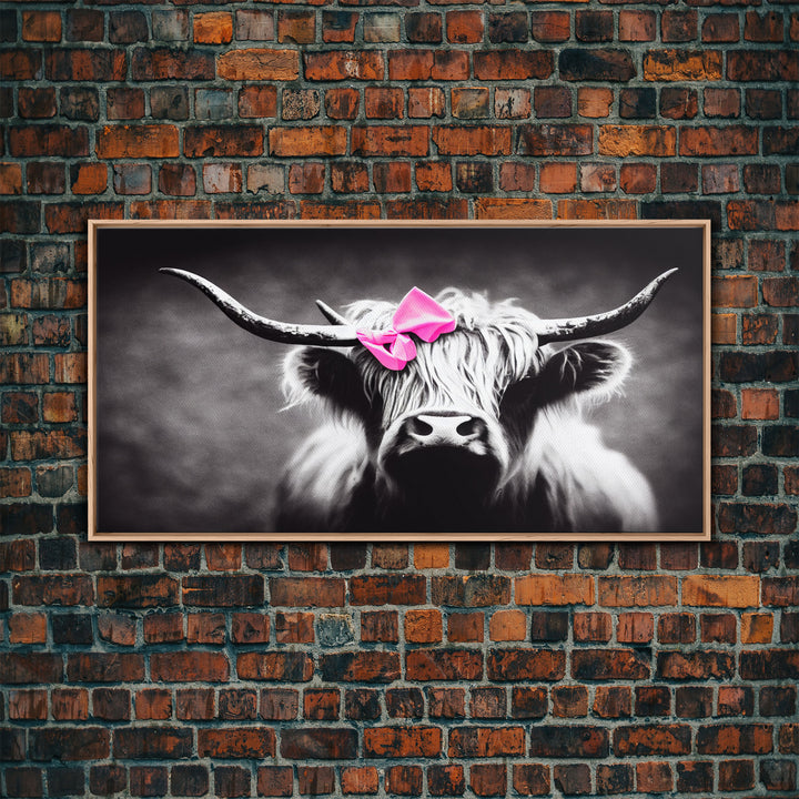 Cute Highland cattle canvas, wall art, Farmhouse decor, Cow Black White print Rustic wall decor Animals painting Scottish cow wall art