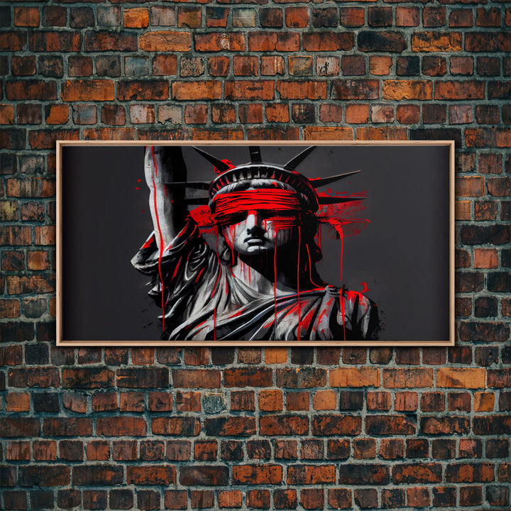 Statue of liberty wearing a bloody blindfold, Dystopian graffiti art, NYC, framed canvas print, pop art Statue of Liberty