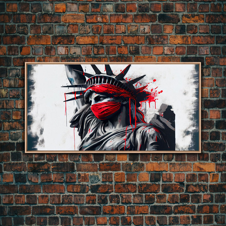 Statue of liberty wearing a bloody Covid mask, Dystopian graffiti art, NYC, framed canvas print, pop art Statue of Liberty