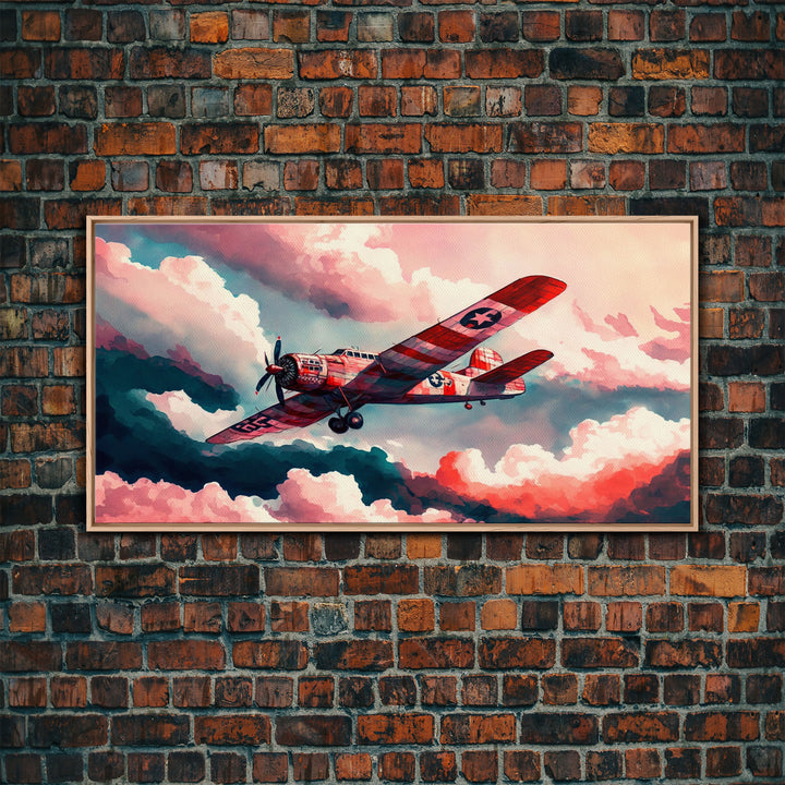 1930s Airplane in Flight, Watercolor, Framed Canvas Print, Home Decor For Pilots, Gift for Airplane Enthusiasts