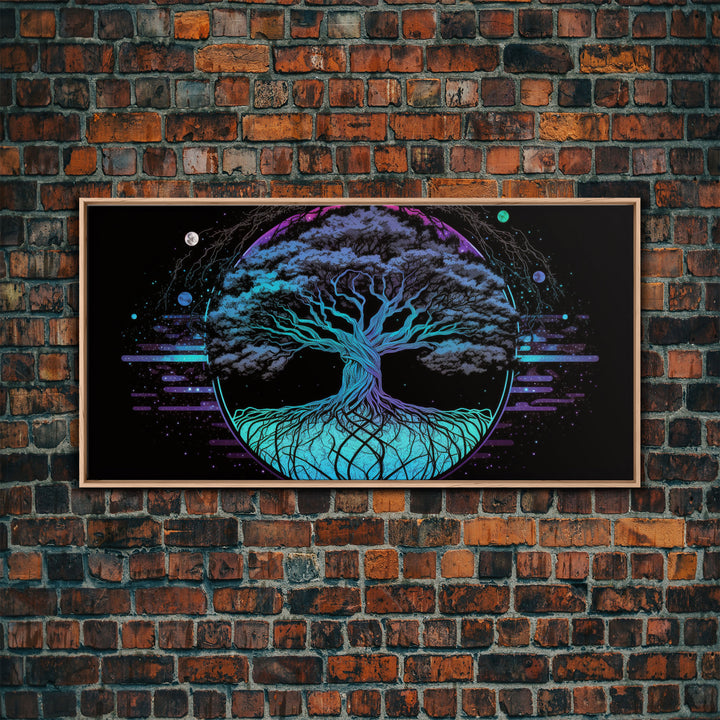 Norse Mythology Art, Synthwave Style Yggdrasil Tree of Life and the 9 Realms, Fantasy Art, Framed Canvas Print, Game Room Nordic Art