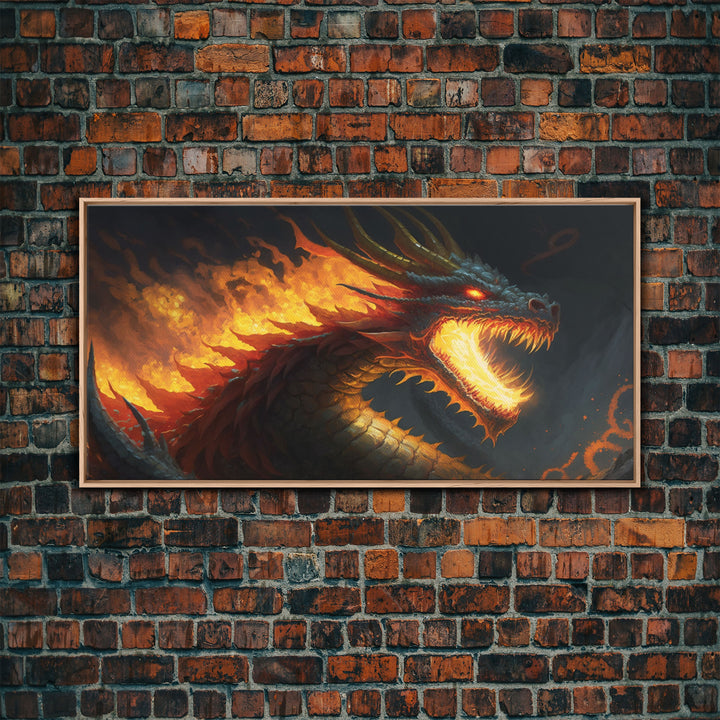 Fire Breathing Horned Dragon, Framed Canvas Print, Colorful Fantasy Wall Art, Videogame Concept Decor