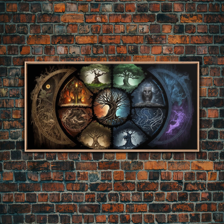 The Interconnected 9 Realms of Norse Mythology with Yggdrasil, Nordic Art, Framed Canvas Print, Nine Realms, Viking Art