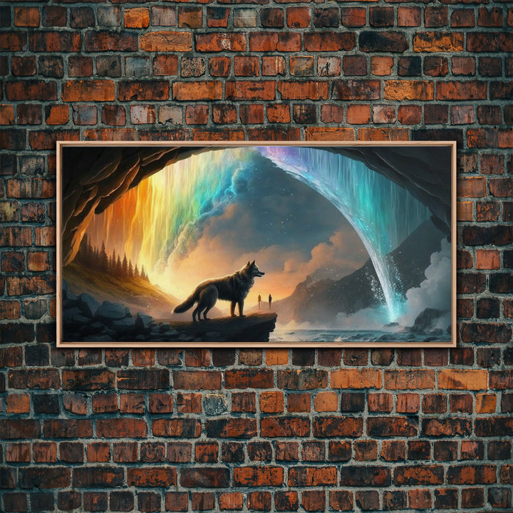 Fenrir, Mythological Wolf, With Bifrost. Norse Mythology Fantasy Art, Framed Canvas Print, Nordic Art