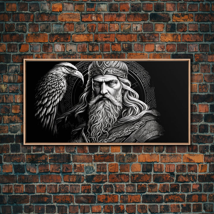 Black and White Portrait of Odin and Muninn, King of The Gods, Framed Canvas Print, Odin's Ravens, Norse Mythology Art