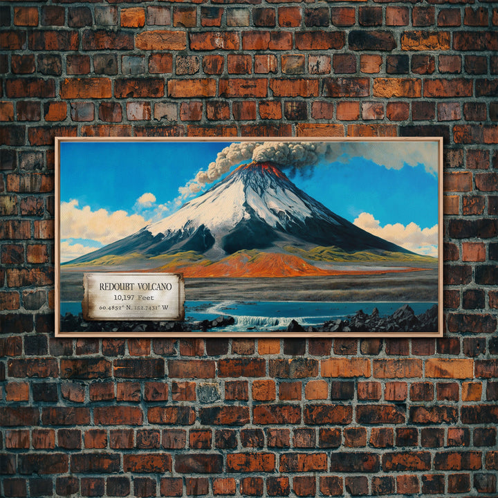 Mount Redoubt, Volcanos of Alaska, Travel Poster Wall Art, Framed Canvas Print, American Mountains, Mountain Landscape Painting