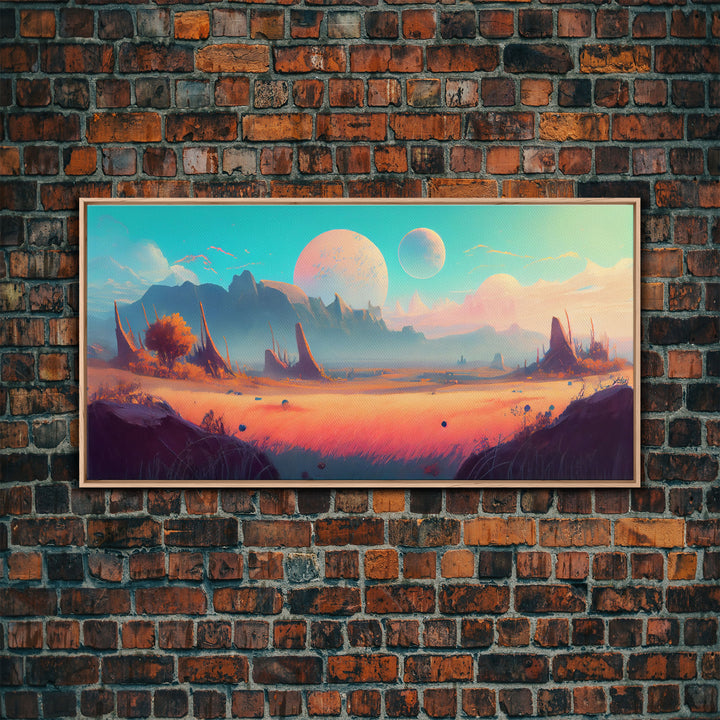 Scifi Landscape Wall Art, Framed Canvas Print, Canvas Art, Two Moon Scifi Planet Watercolor Painting