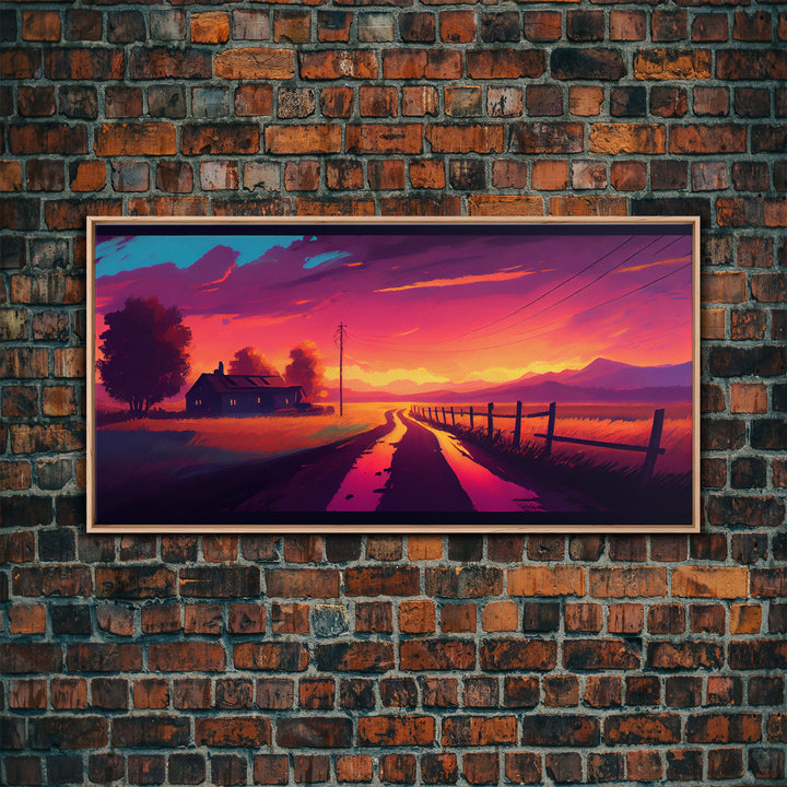 Synthwave Style Farmhouse Art, Dirt Roads, Country Roads, Sunset Art, Framed Wall Art, Canvas Print, Watercolor Wall Art Original Painting