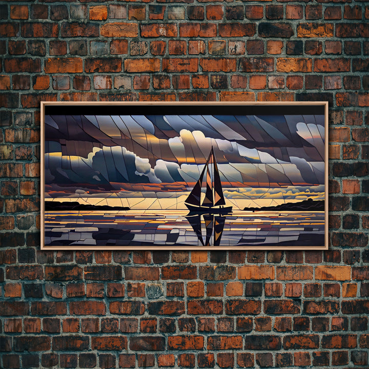 Art Deco Stained Glass Sail Boat Wall Art | Framed Canvas Print | Nautical Art | Seascape Art | Beach House Decor