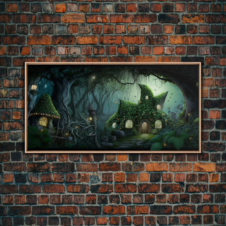 Gnome City, Wall Art, Fantasy Canvas Print, Framed Art, Tiny Gnome Houses On The Forest Floor