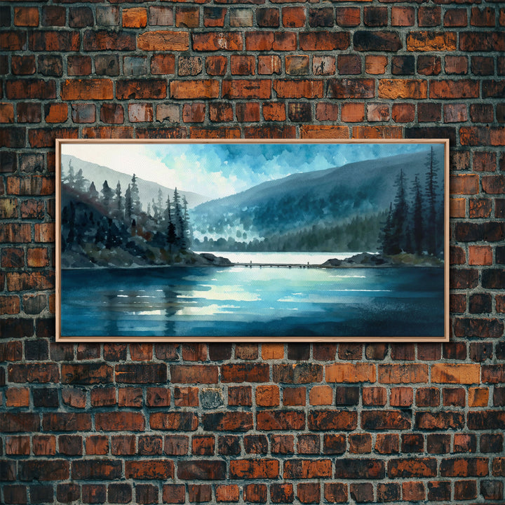 Mountain Lake, Watercolor Landscape Painting Canvas Print - Ready To Hang Large Gallery Wrapped Canvas Wall Art Prints With Floating Frames