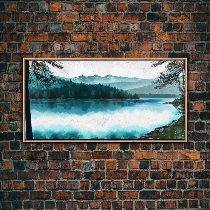 Mountain Lake, Watercolor Landscape Painting Canvas Print - Ready To Hang Large Gallery Wrapped Canvas Wall Art Prints With Floating Frames