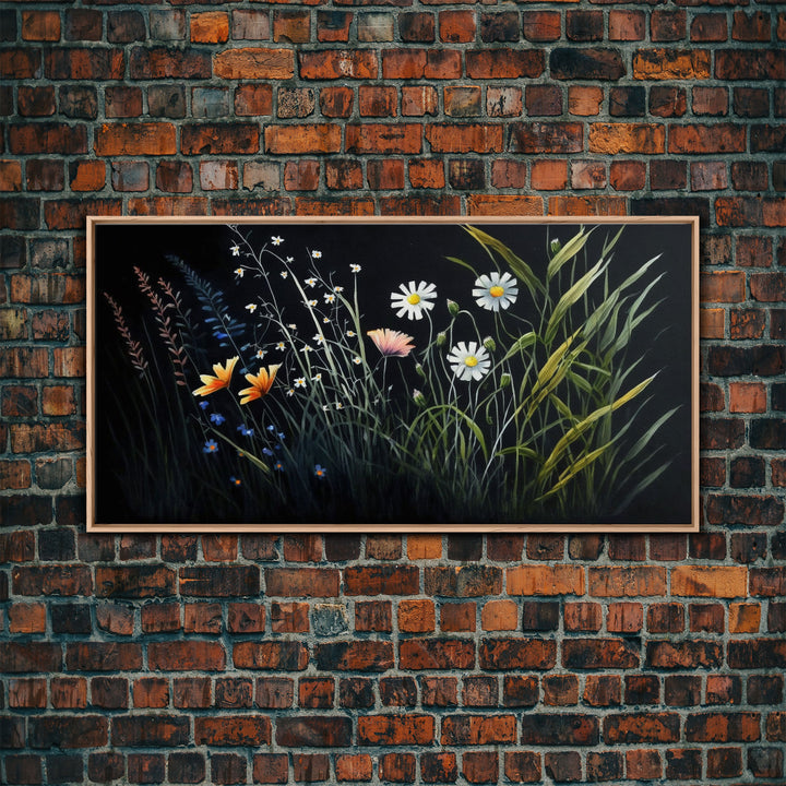 Meadow Flowers, Black Background, Framed Canvas Print, Floral Study Watercolor Painting