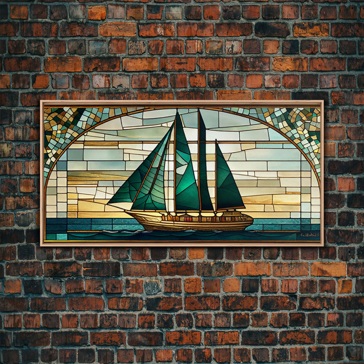 Emerald Green and Gold Art Deco Sail Boat, Framed Canvas Print, Retro MCM Style Wall Art, Midcentury Modern, Stained Glass, Huge Art