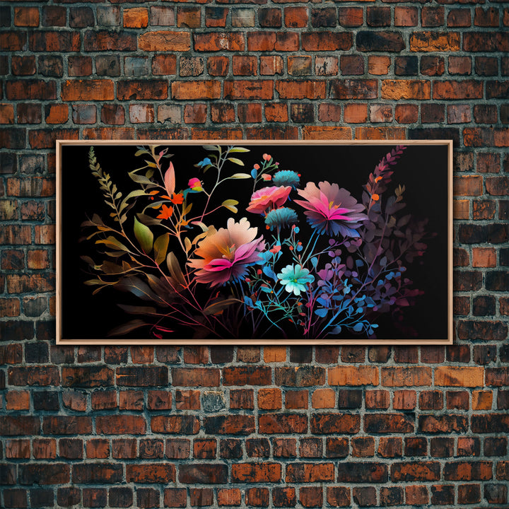 Wild Flower Art, Black Background, Framed Canvas Print, Canvas Art, Mother's Day, Watercolor Painting of Flowers on Canvas, Living Room Art