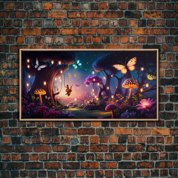 Vibrant Fantasy Forest Wall Art, The Forest Floor, Bioluminescent Glowing Butterflies, Gift, Framed Canvas Print