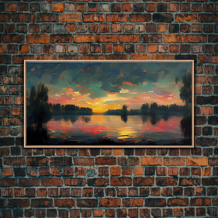 Lakehouse Canvas Print, watercolor painting of a sunset reflected on a lake