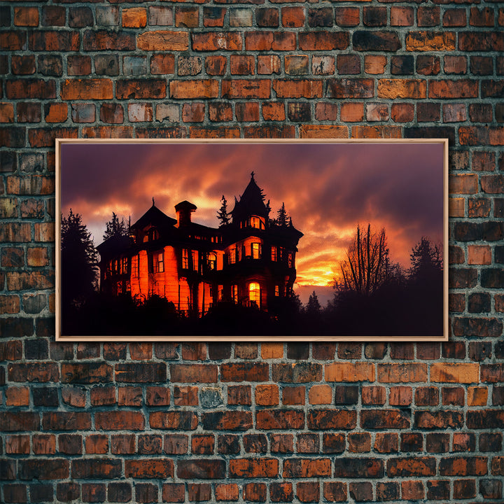 Spooky Halloween Wall Art, Haunted House Canvas Print, Ready to hang canvas, orange creepy house at night, Wall Decor