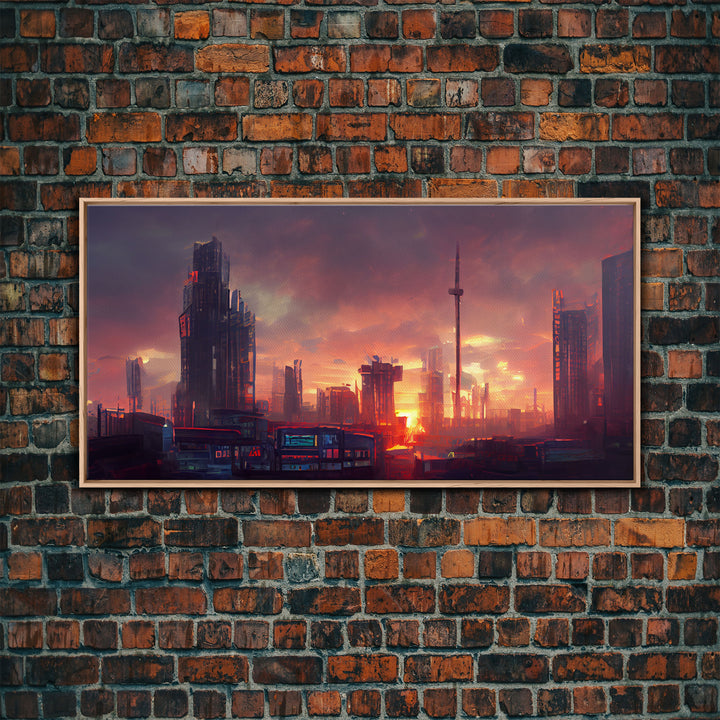 Watercolor of a cyberpunk city, canvas print, dystopian urban landscape at sunset, synthwave style