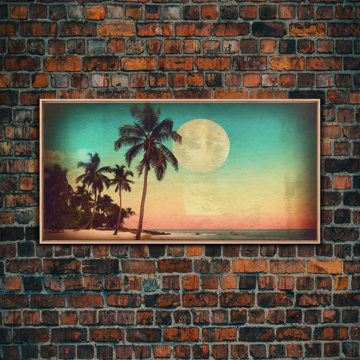 Sunset Over Beach Wall Decor, Tropical Wall Art, Palm Trees Art, Panoramic Wall Decor, Canvas Print, Wall Art, Framed Canvas Art