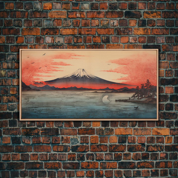 Volcano, Japanese Art, Asian Landscape, Panoramic Art, Wall Art, Canvas Art, Landscape Art, Gift For Him, Modern Home Decor, Home Decor Art