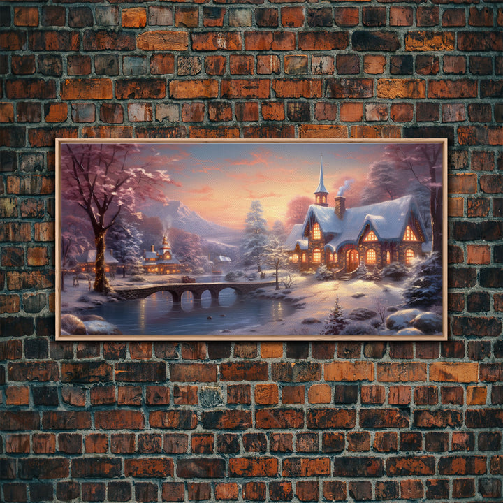 Winter Art, Framed Canvas Print, Cute Whimsical Victorian Village In Winter Painting, Home Decor, Contemporary Modern Art