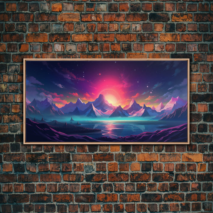 Synthwave Art, Framed Canvas Print, Beautiful Scifi Mountains Wall Art, Alien Planet, Game Room Decor, Gamer Gift For Him