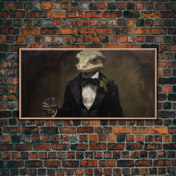 Victorian Gecko Business Man, Witch's Familiar Art, Halloween Decor, Framed Canvas Print, Halloween Wall Art, Victorian Gothic Art