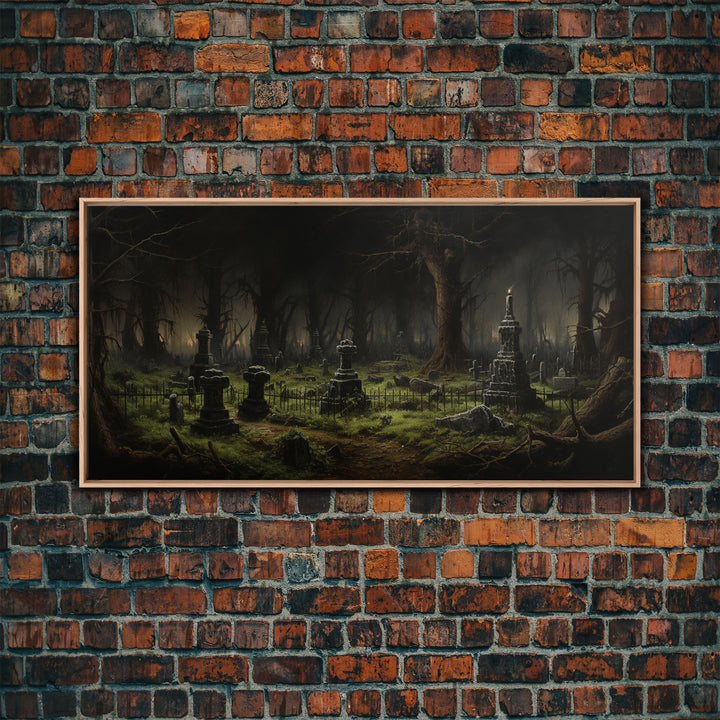 The Haunted Cemetery, Moody and Gloomy Art, Framed Canvas or Poster, Victorian Oil Painting, Dark Academia, Graveyard At Midnight