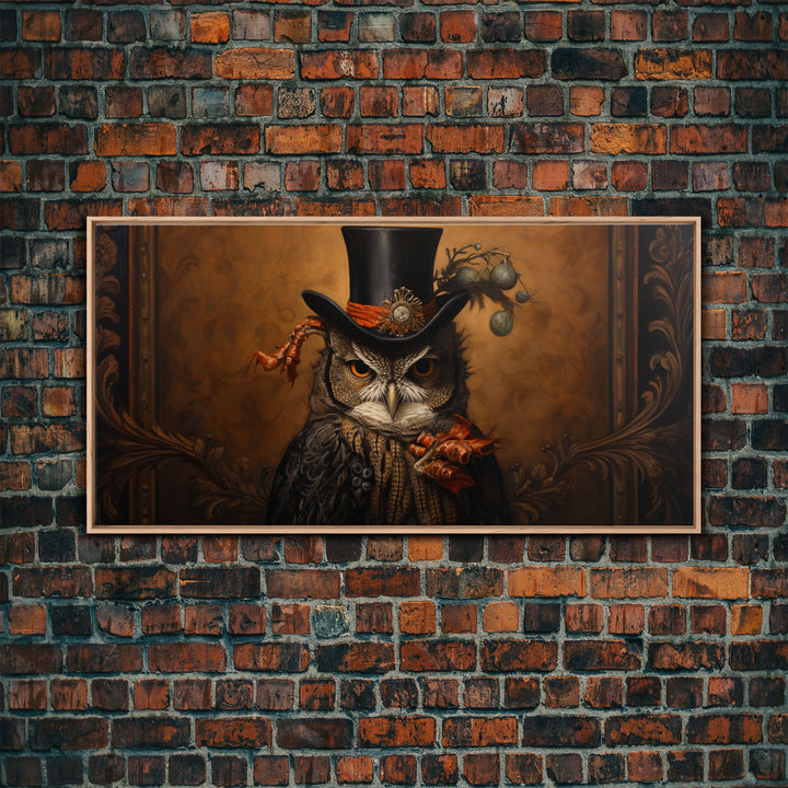 Gothic Victorian Owl Portrait, Framed Canvas Print, Halloween Wall Art, Unique Wall Decor, Owl Painting