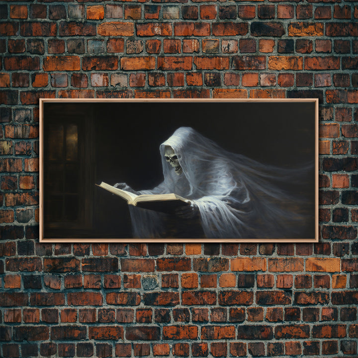 The Reading Ghost, Framed Canvas Print, Victorian Oil Painting Style, Spooky Halloween Decor, Goth Art