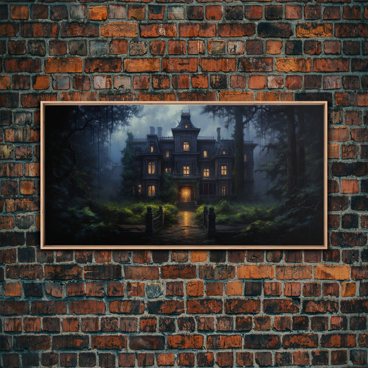 The Haunted House, Spooky Halloween Art, Haunted Victorian Mansion Framed Canvas Print, Horror Prints