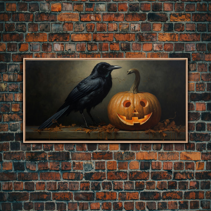 Halloween Decor, Spooky Crow Print, The Raven and The Jack O Lantern, Halloween Wall Art, Victorian Oil Painting, Dark Academia, Goth Art