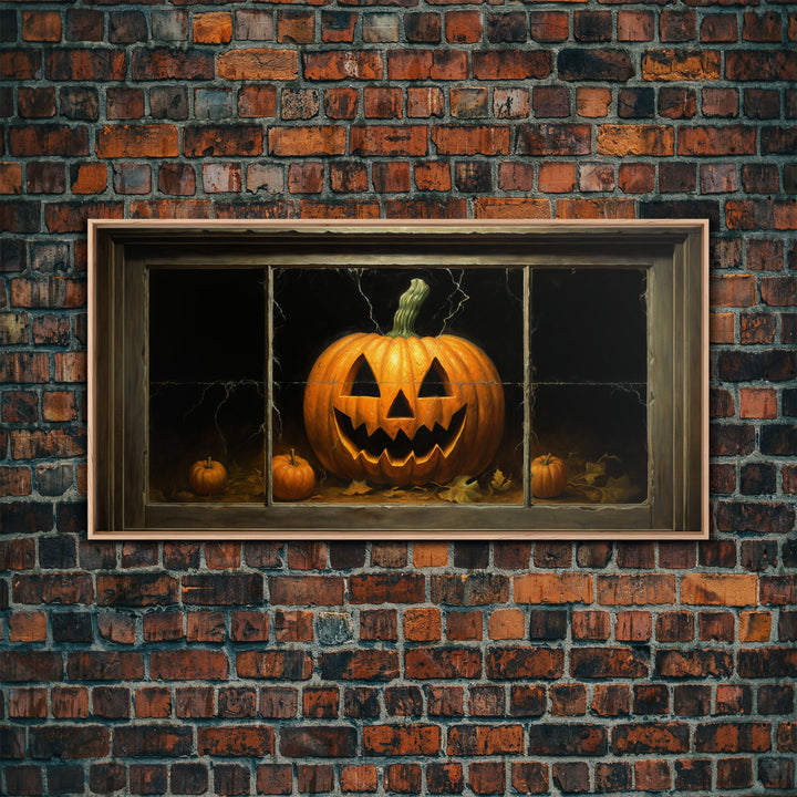 Jack O Lantern Art, Framed Canvas Print, Halloween Decor, Horror Prints, The Jack O Lantern In The Window