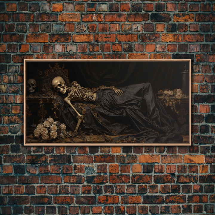 Eternal Slumber, Framed Canvas Print, Creepy Victorian Oil Painting, Halloween Art Prints, The Sleeping Skeleton Painting