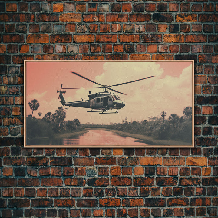 Vaporwave Huey Helicopter Over Vietnam, Framed Canvas Print, Military / War Art, Gift For Veteran, Hot LZ