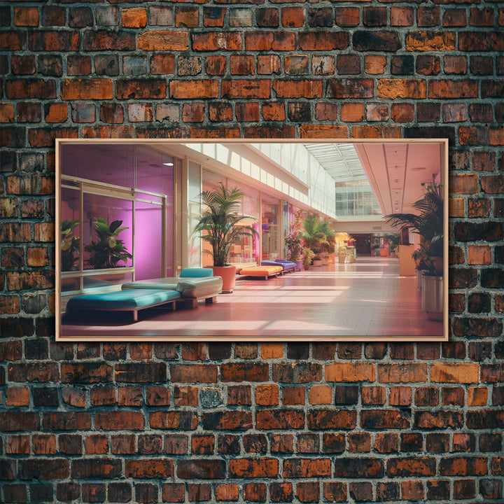 The Mall Before Opening On A Saturday Morning, Framed Canvas Print, Retro Vaporwave Aesthetic 1980s Vibes Wall Art