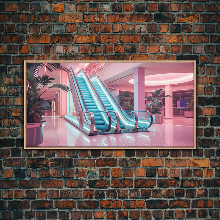 The Mall Before Opening On A Saturday Morning, Framed Canvas Print, Retro Vaporwave Aesthetic 1980s Vibes Wall Art