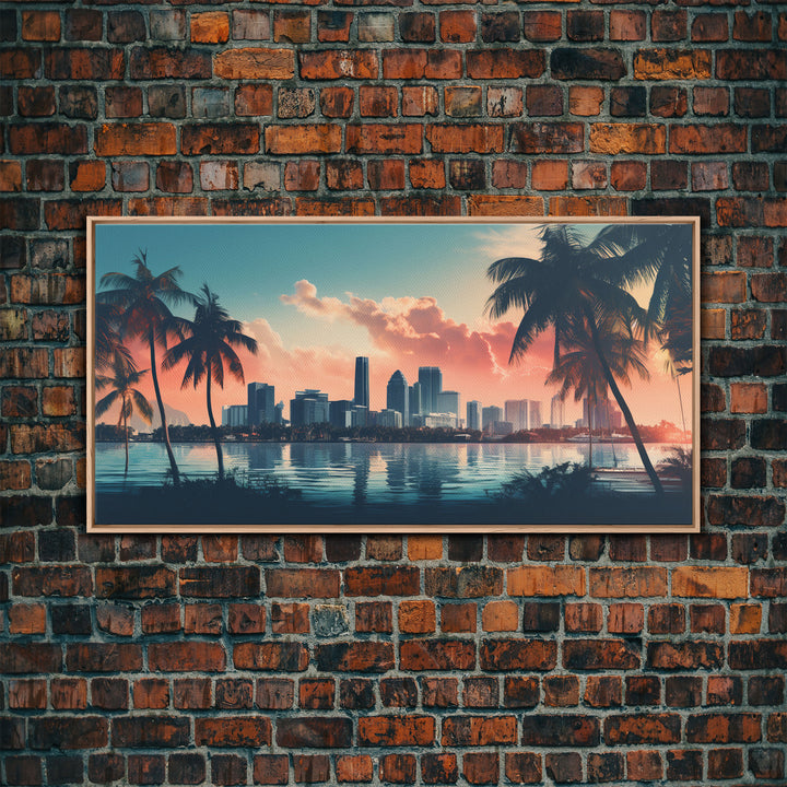 Miami Skyline At Sunrise, Framed Canvas Print, Vaporwave Aesthetic Wall Art, Framed Canvas Art, 1980s Art, Retro Decor