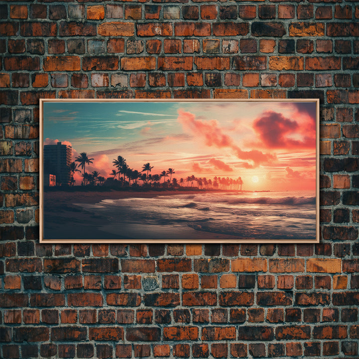 Sunset Over A Miami Beach, Framed Canvas Print, Vaporwave Wall Art, Retro 1980s Beach Art